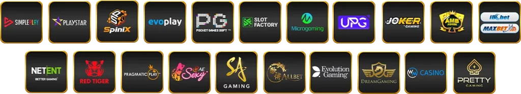 ภาพโลโก้ค่ายเกมคาสิโนออนไลน์ 4x4bet รวมสล็อต บาคาร่า และผู้ให้บริการชั้นนำ เช่น PG, JILI, Pragmatic Play, Sexy Baccarat รองรับทุกระบบ 4x4bet