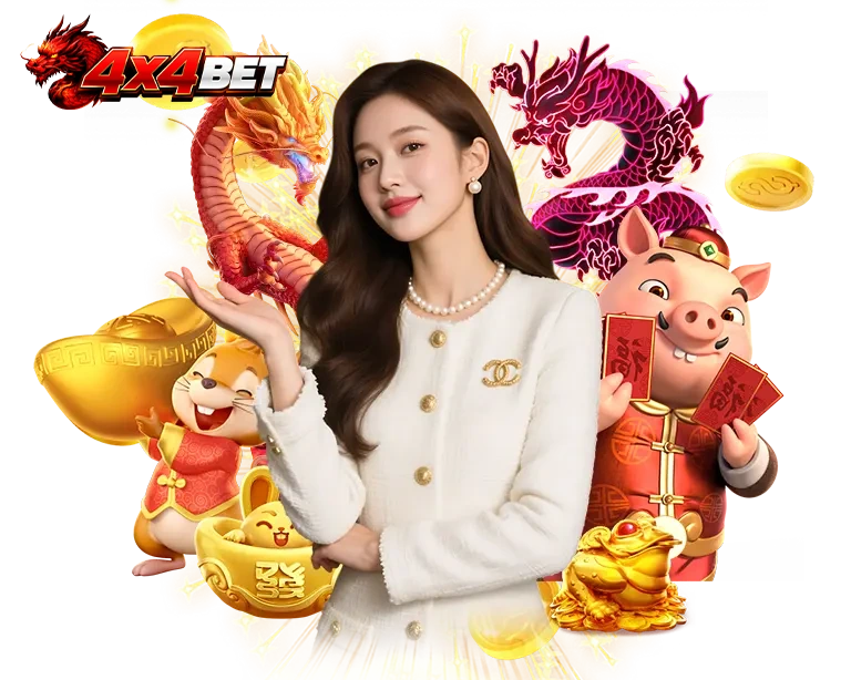 ภาพแบนเนอร์ 4x4bet ผู้หญิงสไตล์เอเชียลุคสดใส รายล้อมด้วยเหรียญทอง ถุงเงิน และมังกรทอง สื่อถึงความโชคดี เกมคาสิโน และโปรโมชั่นแจกหนัก เหมาะสำหรับหน้าเว็บคาสิโนและสล็อตของ 4x4bet